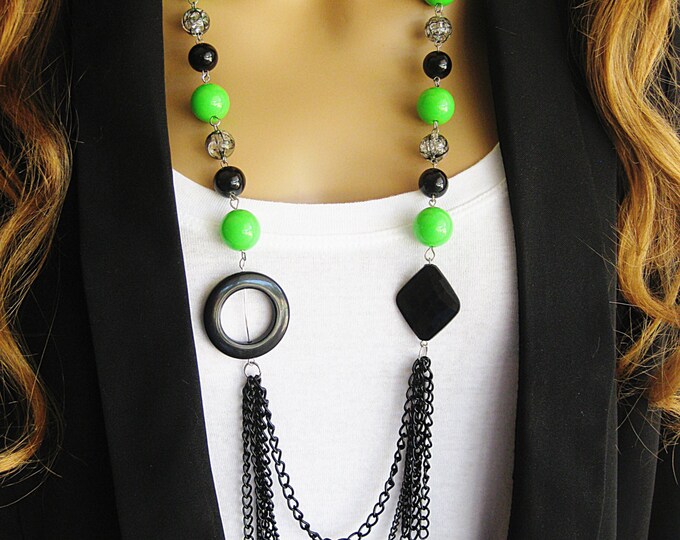 Long Black Beaded Necklace Multistrand Chain Necklace Green Etsy