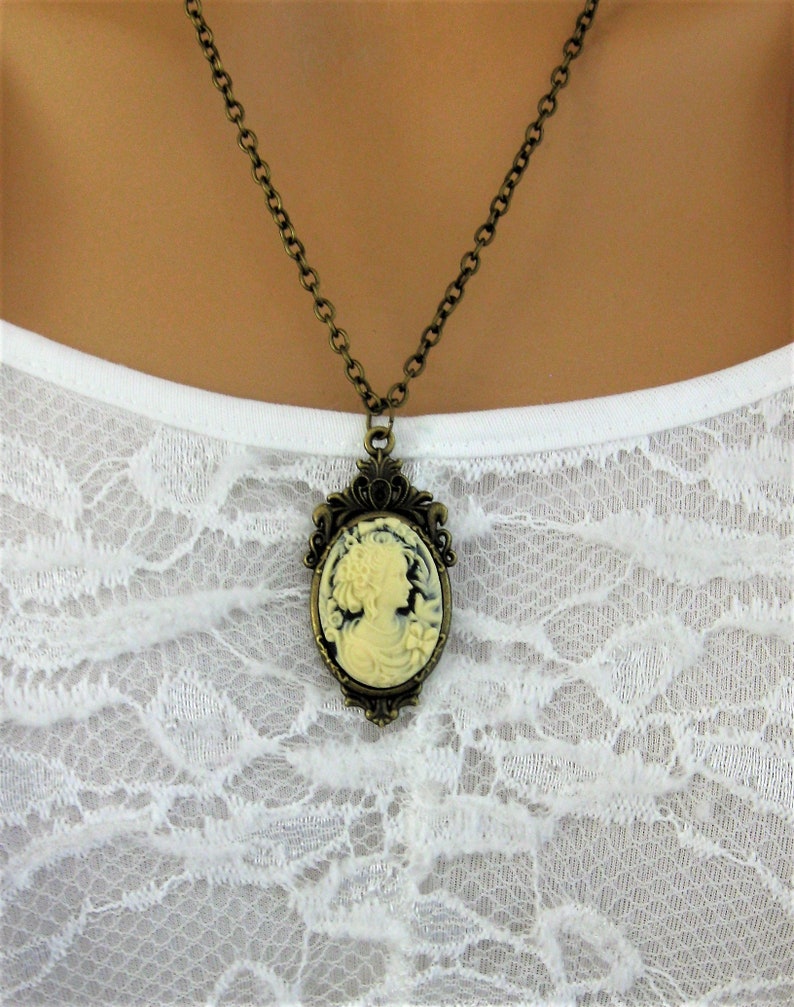 Cameo Necklaces for Women, Victorian Cameos with Black Brown Pink or Green Lady Cameos, Cameo Jewelry for Women, Cameo Pendants Black