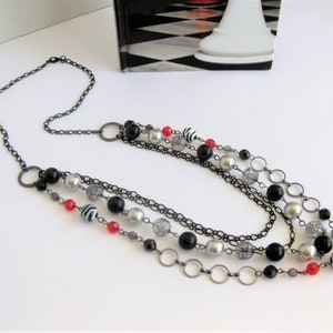 Long Multi Strand Red Black and Silver Necklace for Women, Long Beaded Necklace, Handmade Jewelry for Women, Black Necklace, Red Necklace image 3