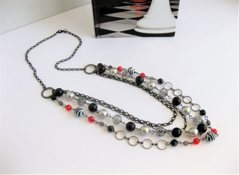 Long Multi Strand Red Black and Silver Necklace for Women, Long Beaded Necklace, Handmade Jewelry for Women, Black Necklace, Red Necklace image 3