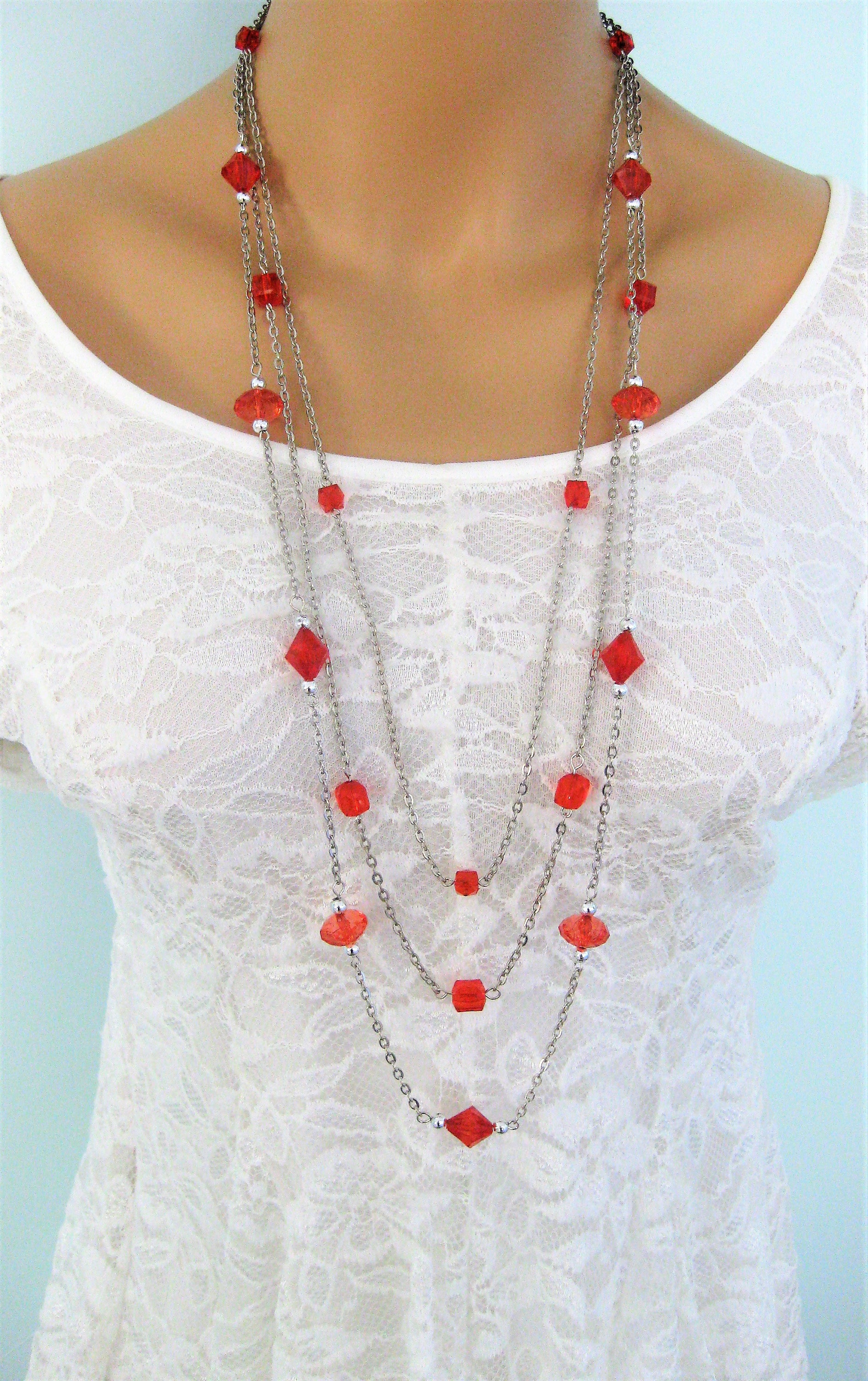 Long Red Necklace Etsy UK