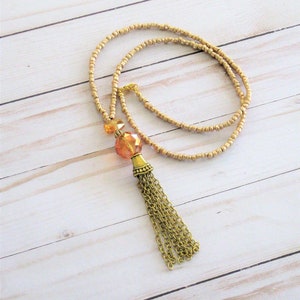 Gold Chain Tassel Necklace for Women with Gold Beads, Long Beaded Necklace, Dressy Jewelry for Women, Long Necklaces for Women