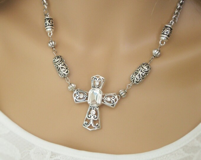 Christian Jewelry, Womens Cross Necklace, Beaded Cross Necklace, Silver