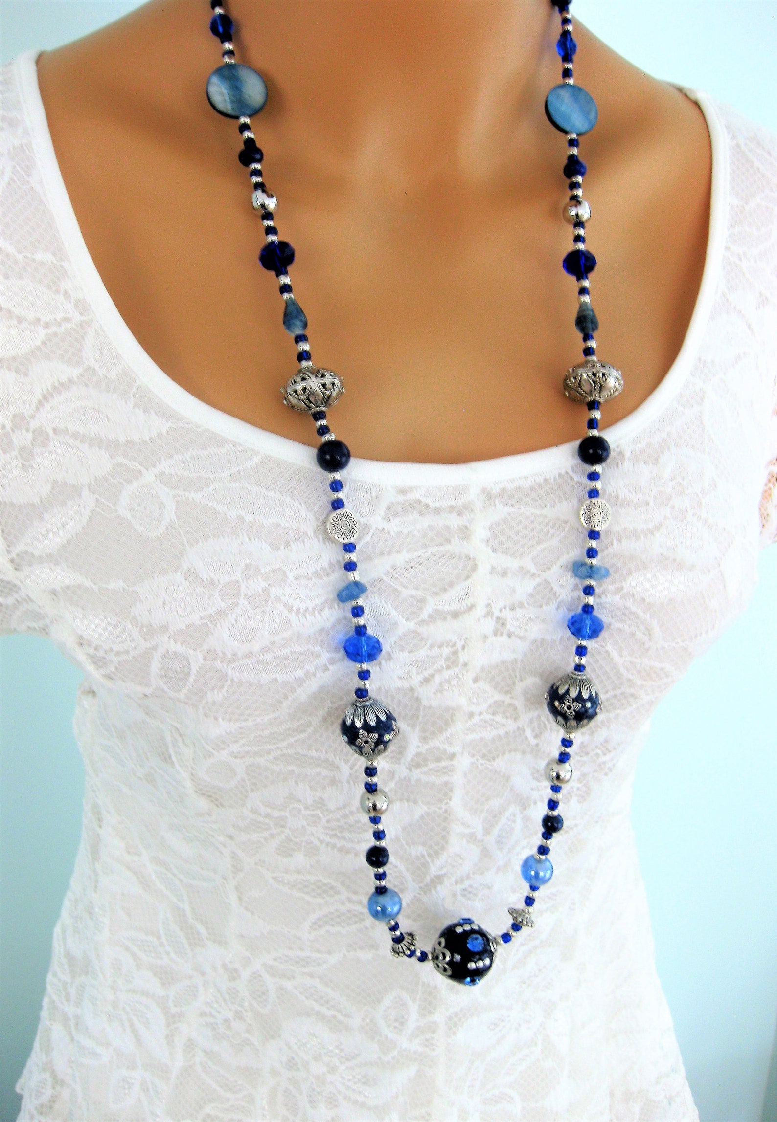 Long Blue Beaded Necklaces for Women, Two Styles Blue Necklaces With