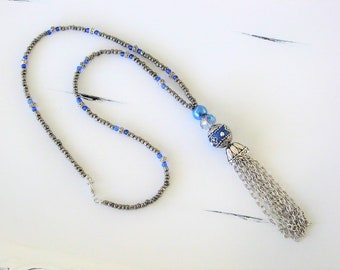 Blue and Silver Beaded Tassel Necklaces for Women, Click to see all 5 Styles of these Bohemian Style Silver Chain Tassel Necklaces