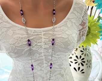 Handmade Long Purple Beaded Necklace: Silver Chain Jewelry