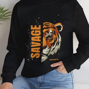 Tijgergezicht &#39;Savage&#39; grafische sweater met ronde hals