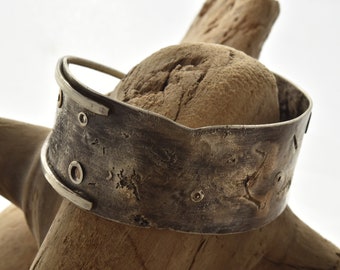 Hand fused and riveted organic sterling silver 14k gold cuff bracelet one of a kind art jewelry gifts silversmith independent USA artist