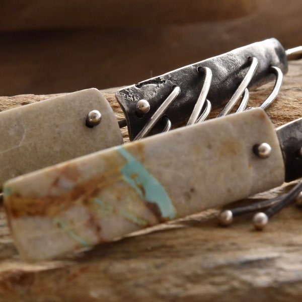 Long rectangular turquoise veined stone with tendril covered reticulated silver plate earrings Artisan Jewelry