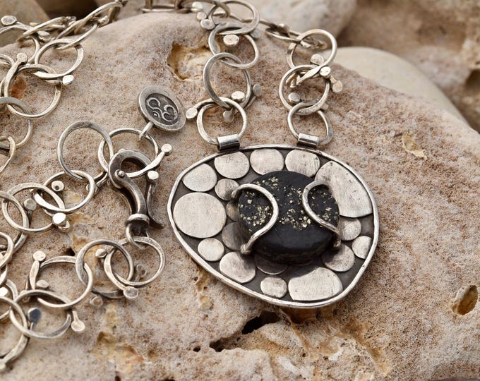 Handmade earthy organic one of a kind sterling silver chain, pyrite necklace, classic elegant jewelry, gifts for women small USA business