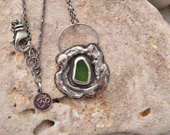 Handmade one of a kind sterling silver organic necklace, green sea glass, Nature inspired artisan jewelry, Metalsmith, Small USA business