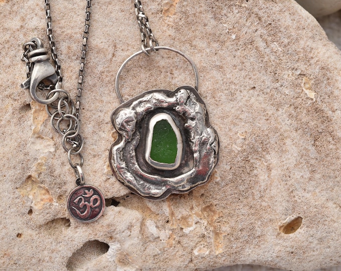 Handmade one of a kind sterling silver organic necklace, green sea glass, Nature inspired artisan jewelry, Metalsmith, Small USA business