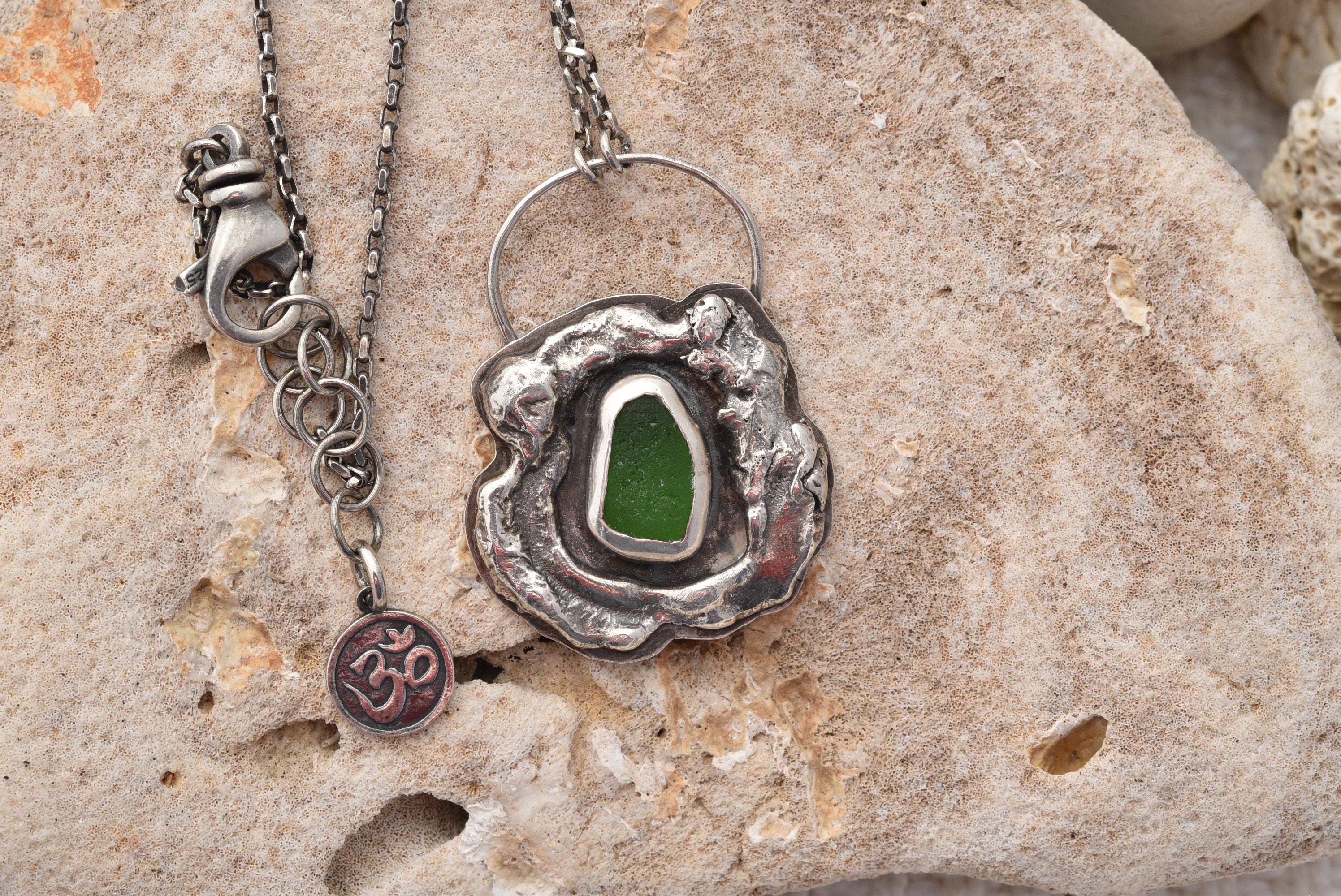 Handmade one of a kind sterling silver organic necklace green sea glass Nature inspired artisan jewelry Metalsmith Small USA business