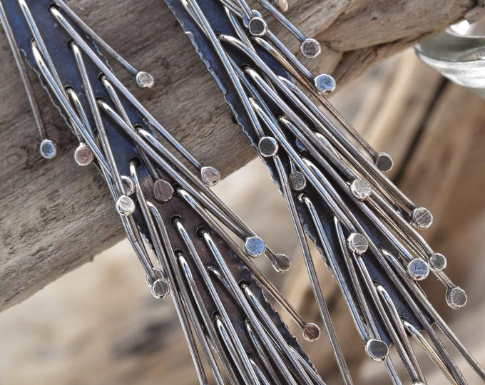 Long handmade sterling silver fringe earrings, elegant gifts, one of kind organic jewelry, independent USA artist metalsmith silversmith