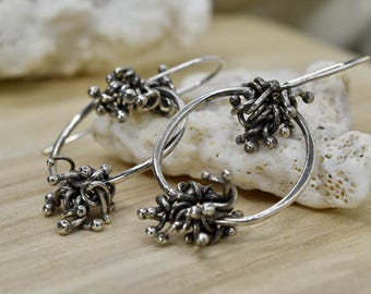 One of a kind earthy sterling silver hoop earring, recycled silver cluster. Handmade ethical gifts for women, supports small USA business.