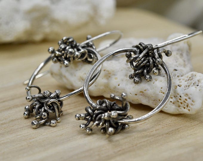 One of a kind earthy sterling silver hoop earring, recycled silver cluster. Handmade ethical gifts for women, supports small USA business.
