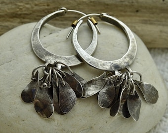 Hand fabricated sterling silver forged hoops with leaf cluster, Organic one of a kind gift for women, sustainable packaging, small business
