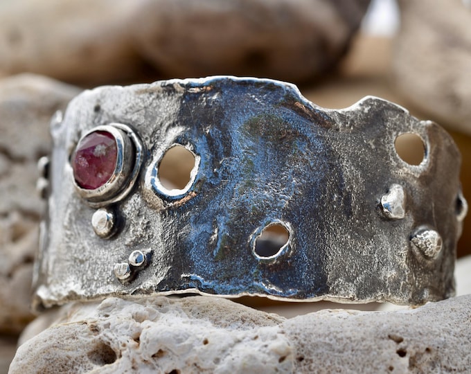 Handmade fused sterling cuff silver bracelet One of a kind gift for wife, girl friend pink tourmaline organic metalsmith jewelry USA crafted