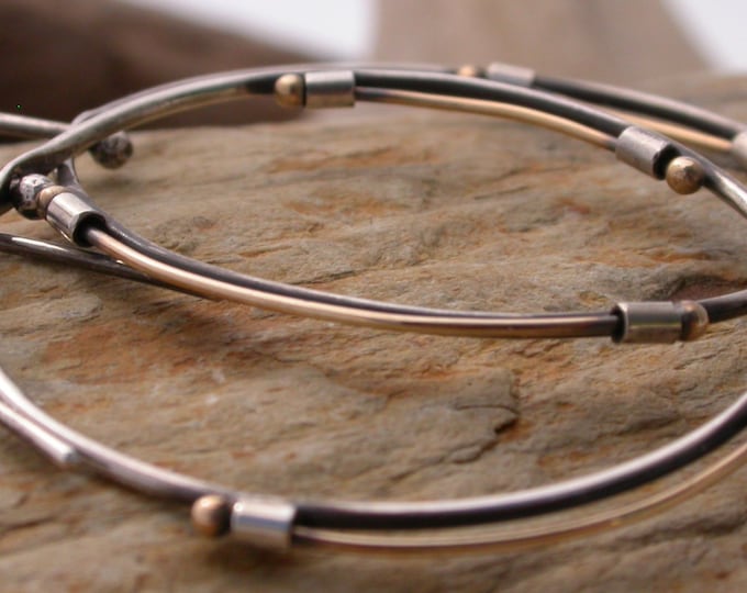 Delicate industrial sterling silver earrings with 14k gold classic Artisan jewelry Hand made modern gifts Silversmith Metalsmith  PNW artist