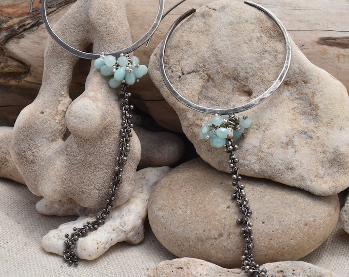 Hand forged sterling silver hoop earring, one of a kind gift for wife friend, ethically sourced amazonite, metalsmith jewelry, USA made