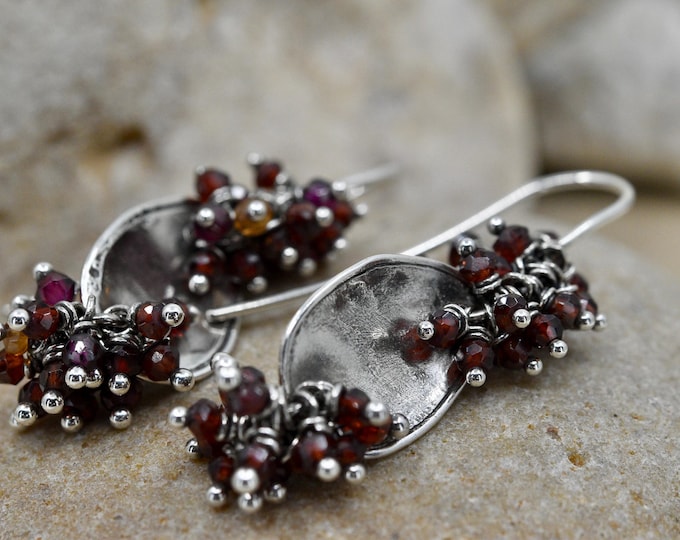 Hand fabricated one of a kind leaf shaped earring with garnet cluster, elegant gift for women, small USA independent artist, garden jewelry