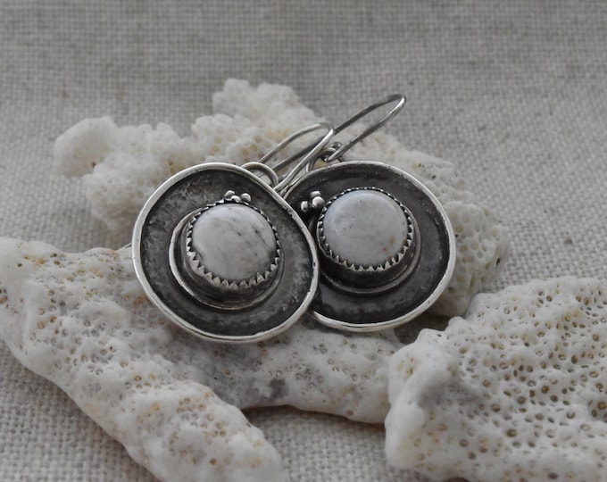 Dendritic Opal hand made sterling silver domed disc earrings silversmith metalsmith recycled art jewelry one of a kind gift small USA artist