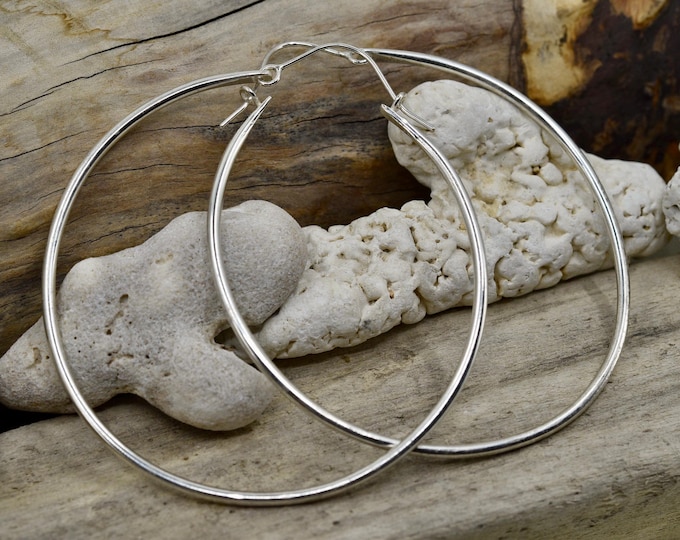 Hand fabricated large sterling silver hoop earrings, Modern clean jewelry design, gifts for women, Local USA based small business