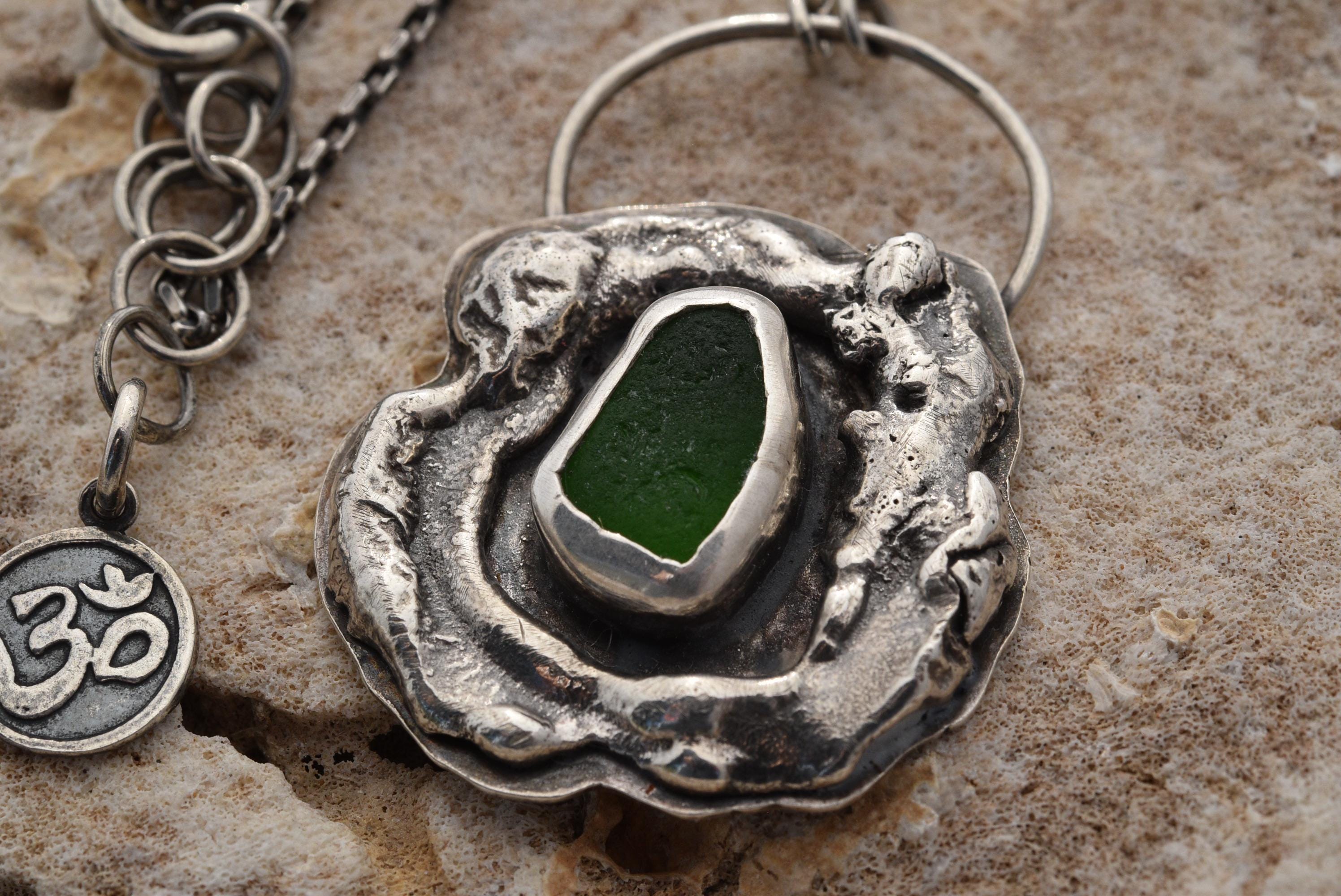 Handmade one of a kind sterling silver organic necklace green sea glass Nature inspired artisan jewelry Metalsmith Small USA business
