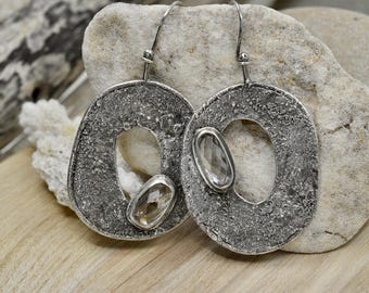 Hand fabricated recycled silver fused earrings, gifts for women, ethical Topaz stone, artisan made in USA, One of a kind organic earrings,