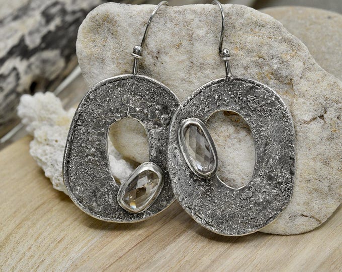 Hand fabricated recycled silver fused earrings, gifts for women, ethical Topaz stone, artisan made in USA, One of a kind organic earrings,