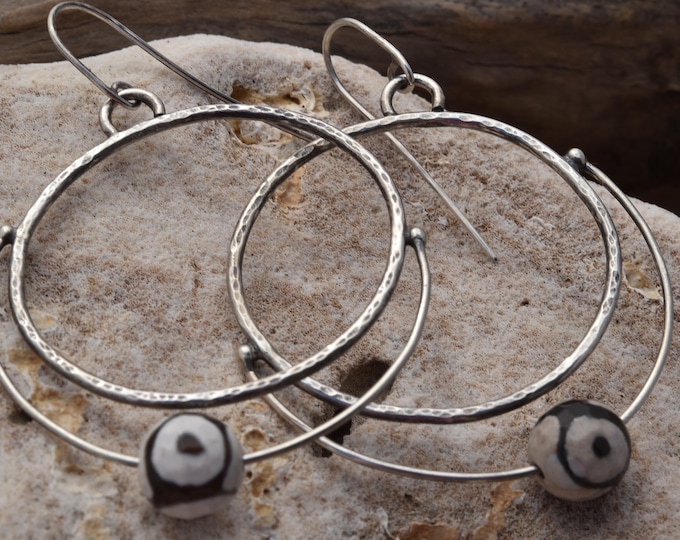 Hand made sterling silver one of a kind hoops Agate earrings gifts for women Small business Artisan jewelry Metalsmith Organic Modern