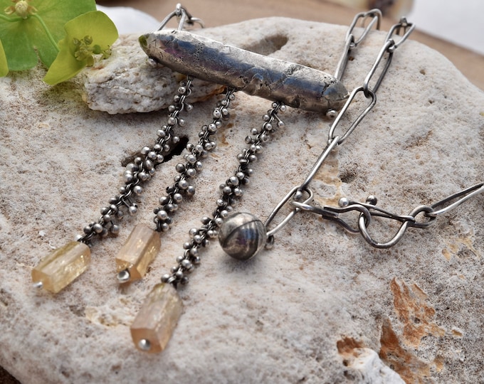 Hand formed sterling silver necklace with Imperial topaz one of a kind  organic jewelry gifts silversmith small independent USA artist local