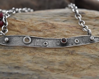 Textured sterling silver necklace riveted ruby organic artisan made jewelry silversmith Metalsmith one of a kind gift red garnet necklace