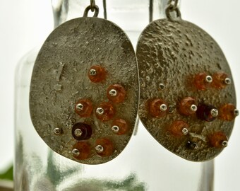 Hand made fused sterling silver disc earring, one of a kind gift, pinned Orange garnet, Unique garnet jewelry, independent USA artist