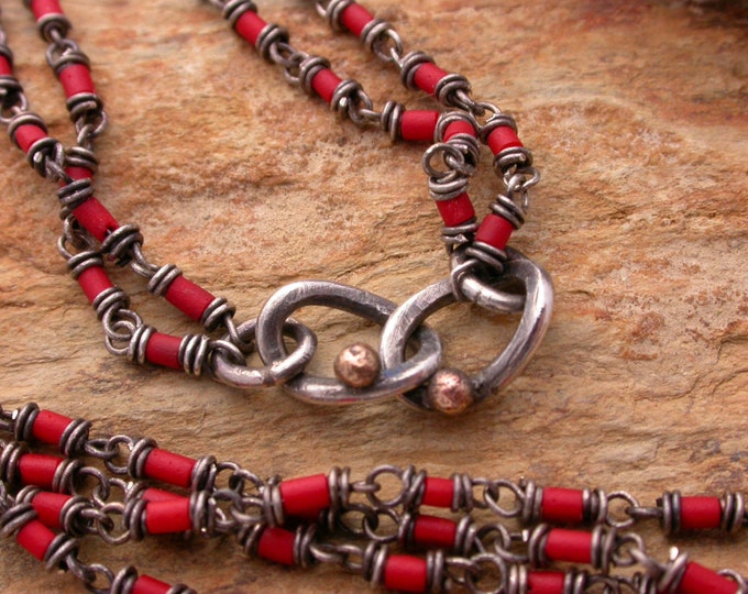Hand wrapped fine silver coral chain unity rings 14k gold coral necklace one of a kind jewelry gift two strand necklace silversmith necklace