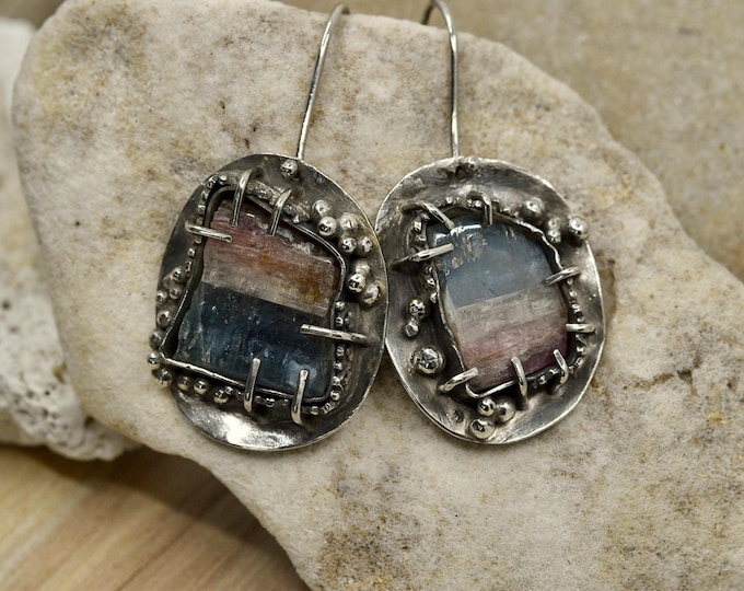 One of a kind sterling silver and tourmaline earrings, elegant gifts for women, sustainable packaging, Small USA business, independent art