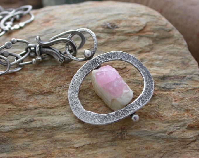Raw pink Tourmaline textured ring necklace Artisan Jewelry organic necklaces one of a kind gift silversmith jewelry tourmaline necklace