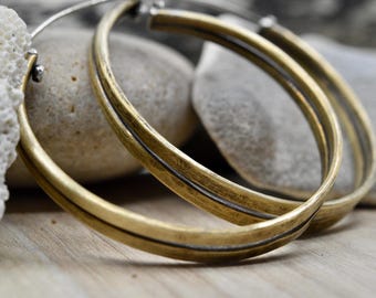 Handmade brass hoop earring with sterling silver earwire, one of a kind gifts for women, USA independent silversmith, statement jewelry