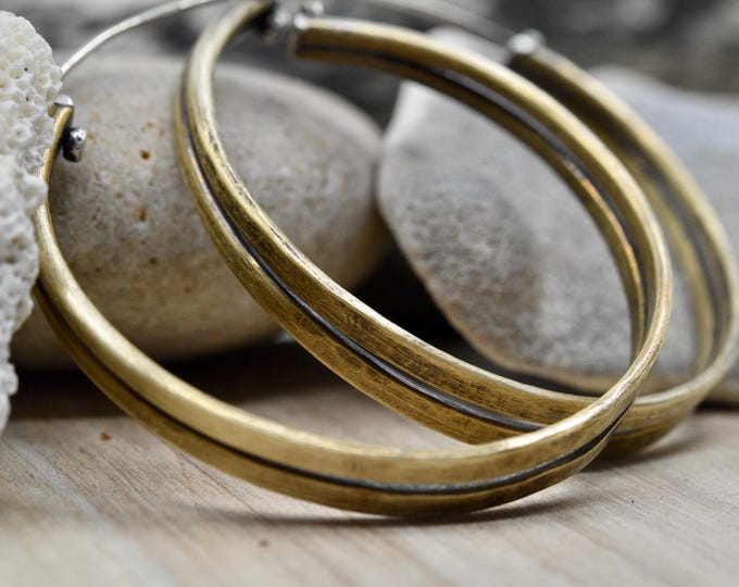 Handmade brass hoop earring with sterling silver earwire, one of a kind gifts for women, USA independent silversmith, statement jewelry