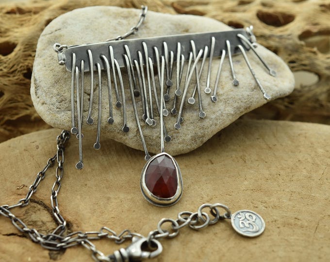Handmade one of a kind Hessonite fringe necklace, Sterling silver jewelry, gift for women, Small USA business,independent artist, metalsmith