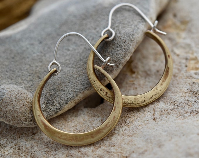 Hand forged brass hoop earrings one of a kind earrings mixed metal silversmith metalsmith jewelry gifts small USA independent business