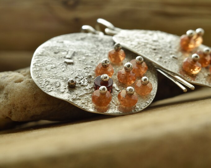 Hand made fused sterling silver disc earring, one of a kind gift, pinned Orange garnet, Unique garnet jewelry, independent USA artist