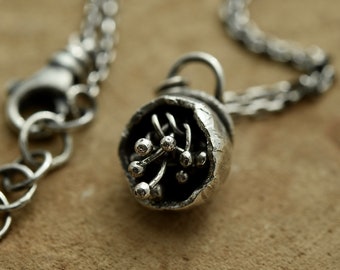 Hand formed organic recycled sterling silver pod necklace, Pacific Northwest artist, small independent business, recycled silver