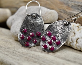 Hand fabricated recycled sterling silver ruby earrings, One of a kind unique gifts for women, Small independent USA business, PNW Jewelry