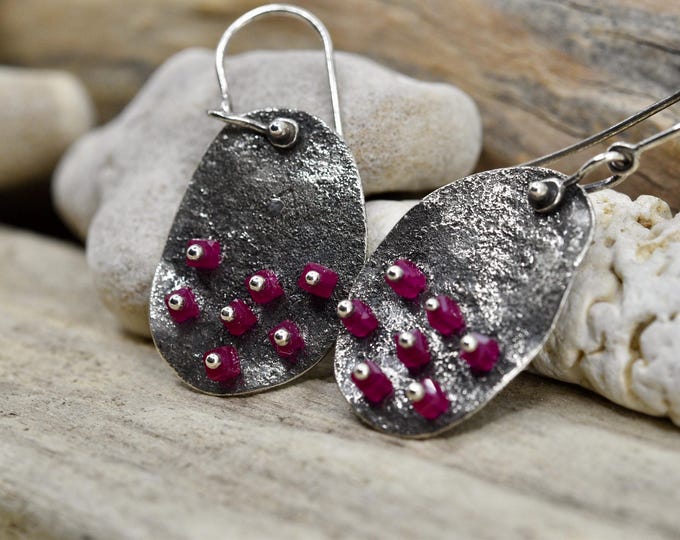 Hand fabricated recycled sterling silver ruby earrings, One of a kind unique gifts for women, Small independent USA business, PNW Jewelry