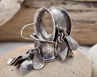 Hand fabricated one of a kind gifts for women,sterling silver earthy leaf cluster statement earrings, ethical jewelry ,small USA business