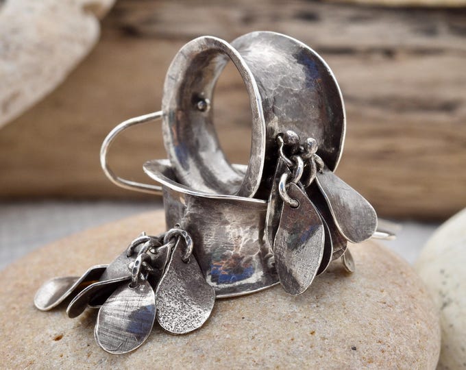 Hand fabricated one of a kind gifts for women,sterling silver earthy leaf cluster statement earrings, ethical jewelry ,small USA business