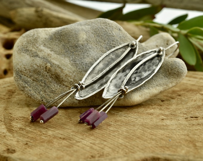 Sterling silver leaf with ruby cluster earrings one of a kind organic gifts art jewelry Hand made artisan earrings independent USA business