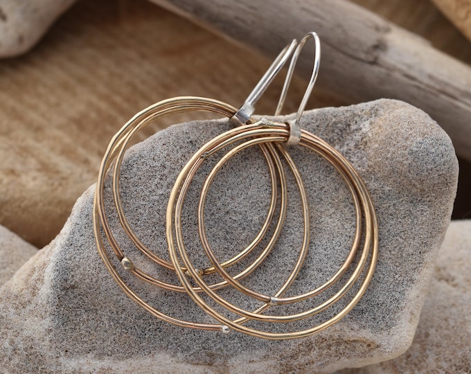 14K gold fill hoop earrings hand made USA artisan jewelry one of a kind gifts for wife or girlfriend mixed metal metalsmith silversmith