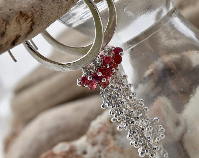 One of a kind hand made sterling silver jewelry, Long forged hoop earring, small USA business, Silversmith art, Unique red spinel cluster